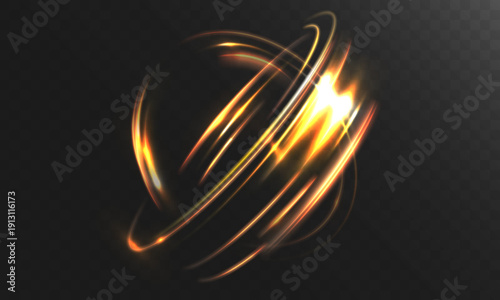 Light golden energy sphere with fiery orbit trails isolated on transparent background, abstract glowing swirl effect with dynamic motion.

