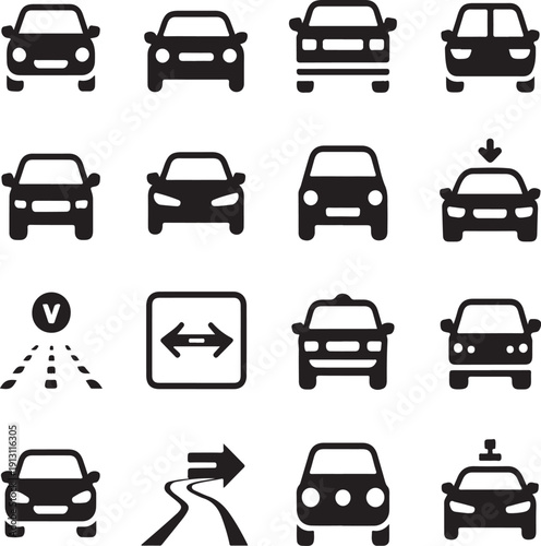 Set of black car icons vector illustration isolated traffic direction signs