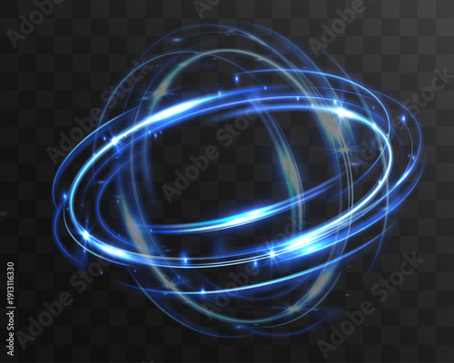 Glowing blue energy sphere with orbiting light trails isolated on transparent background, futuristic abstract globe with dynamic swirl effect.
