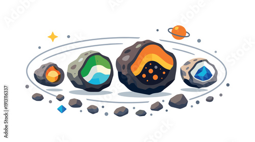 Asteroid belt studies conveyed through a cross-section view of asteroids showing varied sizes and compositions within a calm orbital flow.