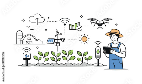 Agri-tech innovations. A modern farm scene with a farmer using a tablet to monitor crops supported by sensors and smart devices. Calm