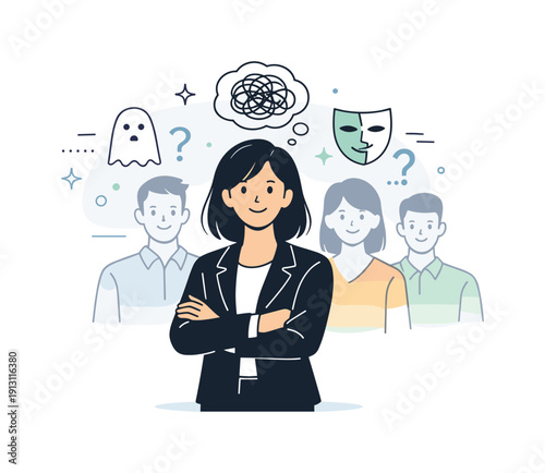    Imposter syndrome leadership. Leader standing in front of a team with a confident posture, while subtle doubt icons float behind them.