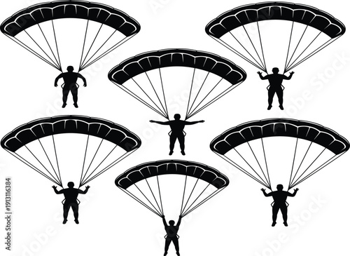 Parachute skydiver silhouettes set, parachuting people isolated on white background, extreme sport illustration, airborne adventure concept collection