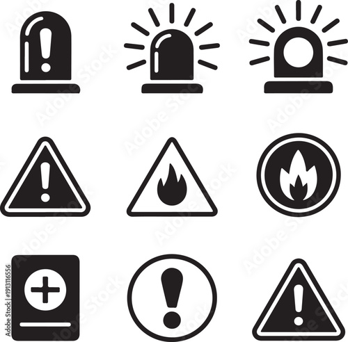 Set of 9 black and white safety warning hazard icons vector illustration flat design