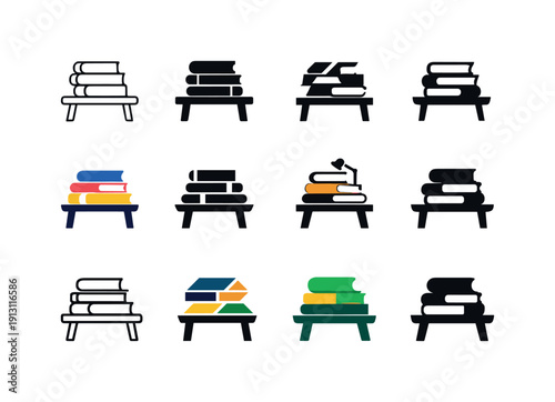    Study materials and books on desks. Icon set. Set Logo of study materials and books on desks: stacked textbooks. harmonious logo variations