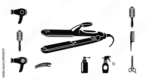 Styling tools a collection of hair dryers flat irons combs and scissors