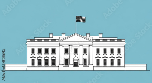 The white house building with american flag on top against blue background illustration of government architecture