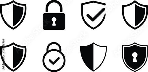 Minimalist black and white security icons set featuring shields padlocks and check marks representing data protection privacy safety and encrypted access