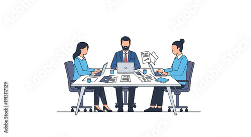 Three diverse business professionals sit around a conference table working on laptops and reviewing various documents, Generative AI.