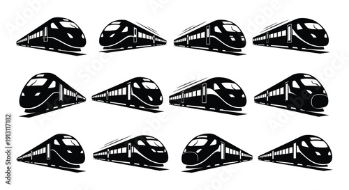 A collection of stylized black and white high speed train illustrations