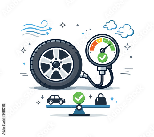 Tire Pressure Visualization. Tire pressure gauge concept. A clear editorial scene with a car wheel, gauge, and air symbols, visualizing correct pressure and