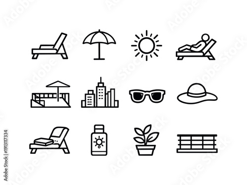 Rooftop Sunbathing Icons. Rooftop Sunbathing. Line icon set of Rooftop Sunbathing: rooftop lounge chair, sun umbrella, sun rays, person sunbathing, rooftop
