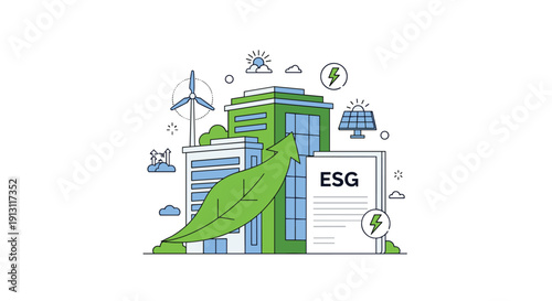 Buildings surrounded by a large green leaf a wind turbine solar panel and an ESG document symbolizing sustainable business practices, Generative AI.