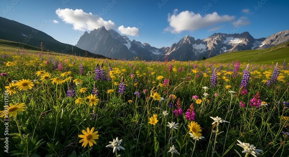 Fototapeta premium Expansive mountain meadow carpeted with yellow, pink and white wildflowers in warm evening light, framed by rugged rocky peaks and blue sky, evoking alpine summer, outdoor freedom, hiking dreams and u