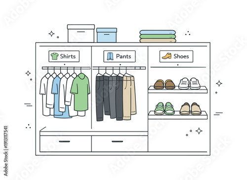 Organizing a closet by categories (shirts, pants, shoes). A minimal wardrobe interior with small icons or tags indicating clothing