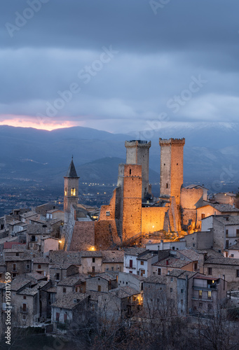 Medieval Italian village of Pacentro at blue hour with castle
