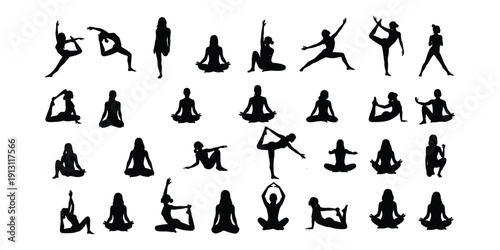  yoga poses in silhouette icon.