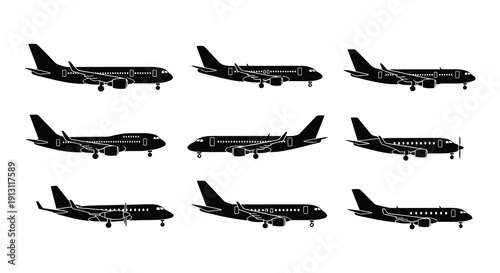 Silhouettes of commercial airplanes in various flight perspectives