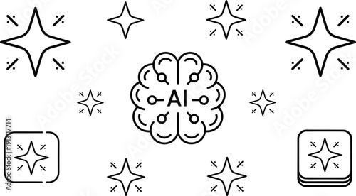Minimalist line art illustration of artificial intelligence brain with sparkle icons representing machine learning digital creativity smart technology and future innovation