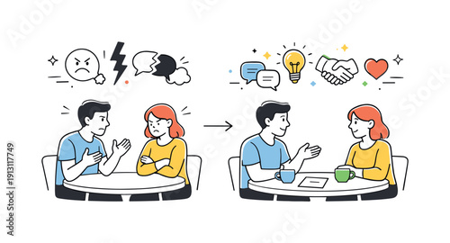 Resolving disagreement. A simple editorial scene where tension icons fade into calm symbols, showing progress toward mutual agreement.