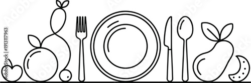 Minimalist black line art vector of plate fork knife spoon and organic fruits representing healthy eating restaurant menu and kitchen dining concept