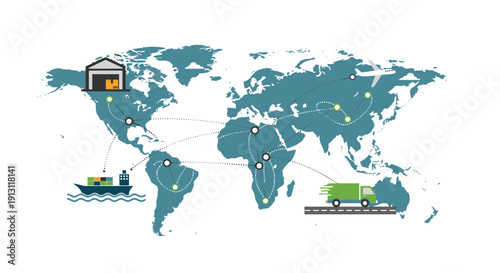 A world map illustrates global logistics transportation and supply chain with warehouse ship plane and truck, Generative AI.