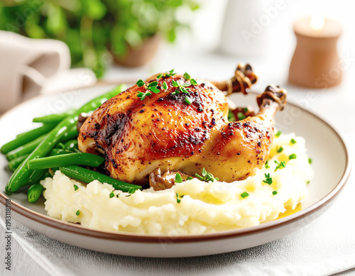 Cornish hen with roasted golden crispy skin, mashed potatoes and fresh green beans. AI