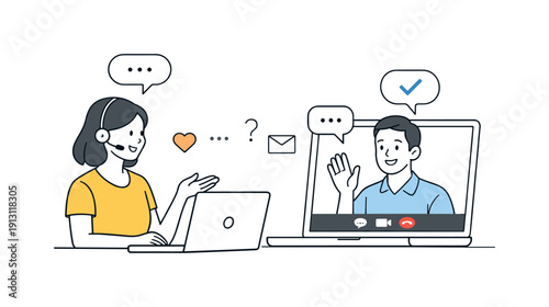 Online one-on-one meeting. Two people talking via laptop video call, simple gesture icons indicating conversation. Personal connection,