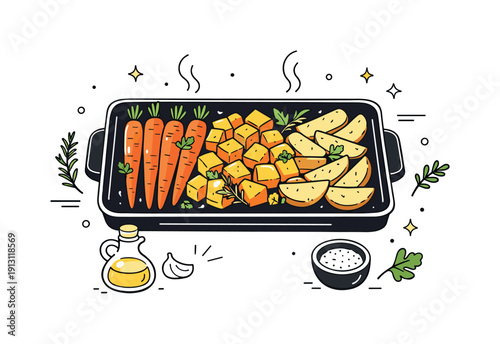 Roasted autumn vegetables. A baking tray with roasted carrots, squash and potatoes, herbs scattered around, feeling of slow home cooking.