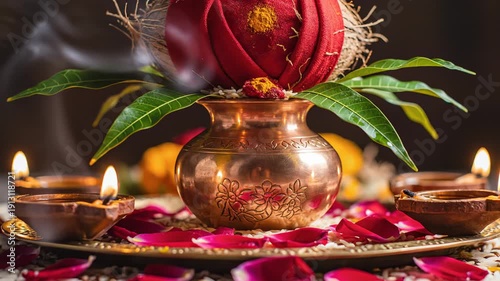 Ornate Copper Kalash Filled With Rice and Red Flower Decorated With Green Leaves Surrounded by Lit Diyas and Rose Petals On a Plate With Dark Background