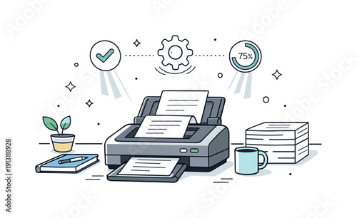 Scanning paperwork. A calm office desk with a scanner actively processing papers, gentle light beams and progress icons showing smooth