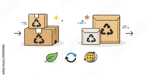 Recyclable shipping packaging. Simple boxes and envelopes with recycling icons and arrows. Eco-friendly logistics, responsible delivery, and