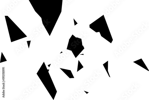 Dynamic abstract black geometric fragments creating a shattering explosion effect on a white background, ideal for contemporary design and conceptual projects