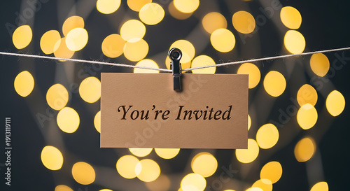 You're Invited sign pegged to a string with blurred bokeh lights in the background
