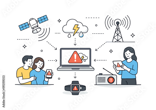 Early warning systems. A calm editorial scene where weather alerts move from satellites to devices, symbolizing timely warnings and public