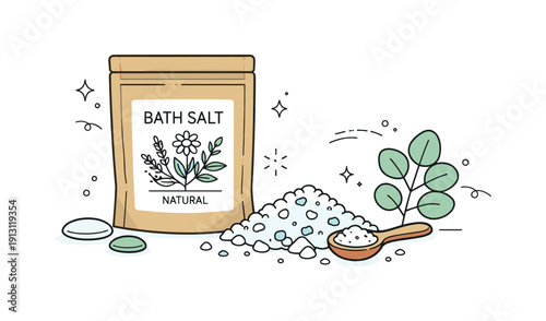 Natural Bath Salt Display. Natural bath salt pouch. A minimal fabric or kraft paper pouch labeled with botanical illustration, placed next to scattered bath
