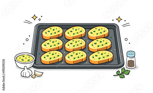 Garlic bread preparation. A baking tray with sliced bread topped with garlic butter and herbs, ready to go into the oven. The mood highlights