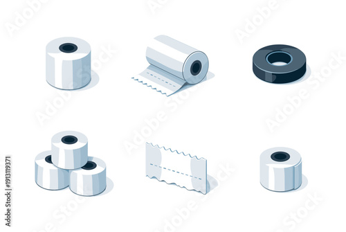 Receipt Roll Icons. Receipt paper roll. Isometric flat vector icons set of receipt paper roll: thermal paper roll, partially unrolled receipt roll, receipt