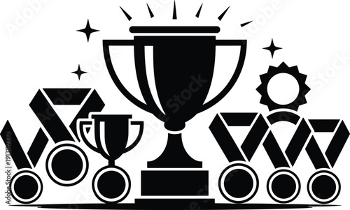 Black silhouette composition of large winner trophy cup surrounded by medals and stars representing ultimate success achievement and victory