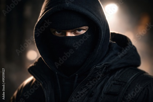 Wallpaper Mural Man in black hood with hidden face look at camera at night street. Robbery news banner. Criminal news background Torontodigital.ca