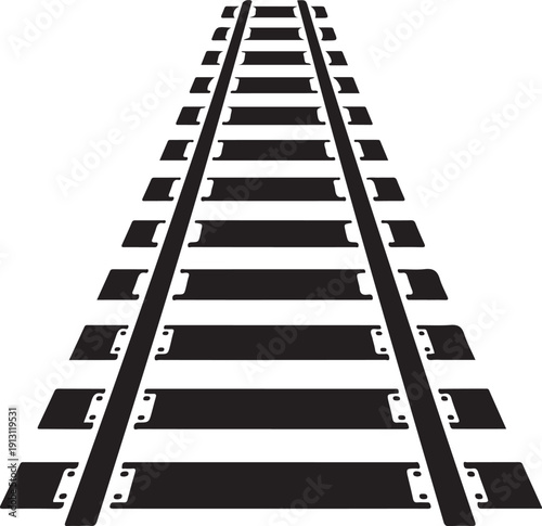 Railway track with rails and sleepers going into distance on white background