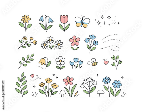 Spring Wildflower Vectors. Spring wildflowers set for versatile compositions. Calm botanical elements arranged as a flexible vector pack suitable for