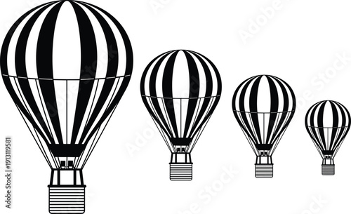 Hot Air Balloon Silhouettes Set Featuring Striped Aerostat Balloons in Different Sizes Vector Illustration Isolated on White Background