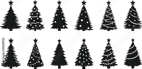 Christmas tree silhouette vector illustration, pine fir black icon collection, xmas holiday star decoration design, winter season nature symbol
