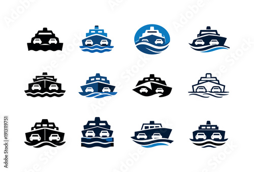 Ferry Logo Icons. Ferry systems. Icon set. Set Logo of ferry systems: vehicle car ferry. harmonious logo variations of the same emblematic concept, each with