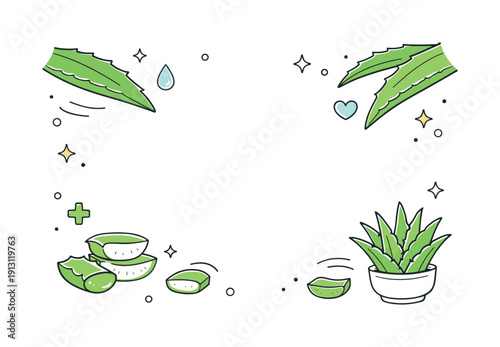 Aloe vera flat lay. Top view of aloe leaves placed with generous negative space. Fresh, soothing atmosphere inspired by skincare and nature.