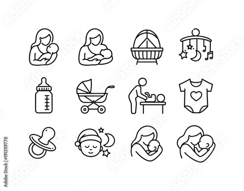 Motherhood Icon Set. Motherhood. Line icon set of Motherhood: mother holding baby, breastfeeding icon, baby cradle, lullaby music, baby bottle, stroller,