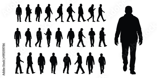 human silhouettes in various walking poses icon.