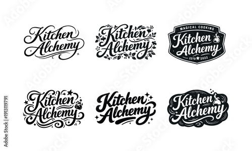    Kitchen alchemy lettering. Set lettering. harmonious lettering variations of the same emblematic concept, each with different artistic
