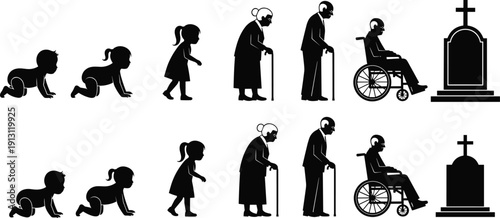 Human life cycle stages silhouette from baby crawling to elderly wheelchair and grave vector illustration set